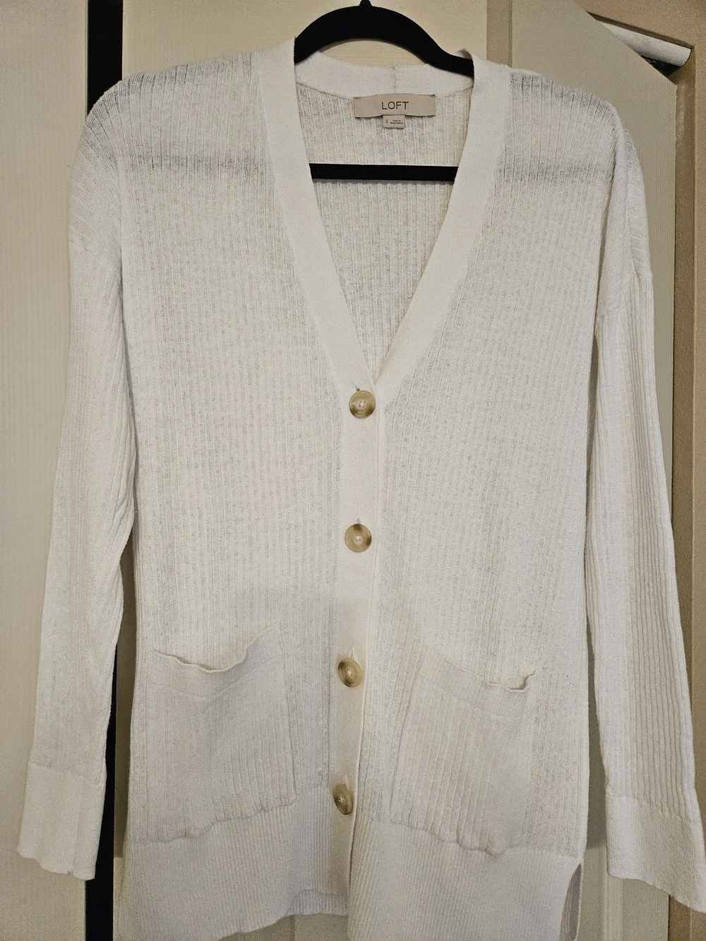 LOFT Ivory Button-Front Ribbed Cardigan